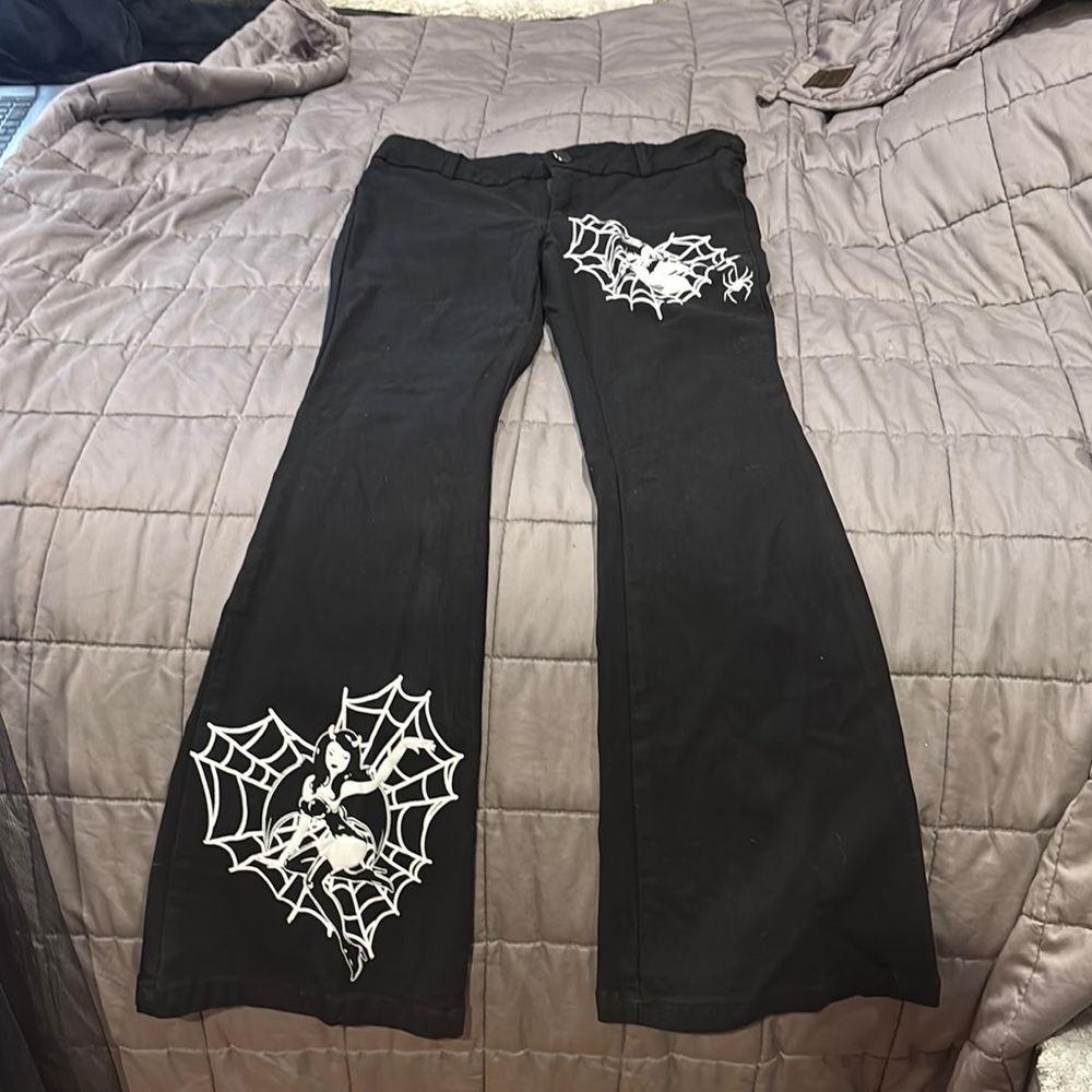 Black Flare Jeans with Intricate White Anime Female Design